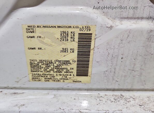1N4BL4BV0KC195041 2019 NISSAN ALTIMA White Vista de la etiqueta del VIN