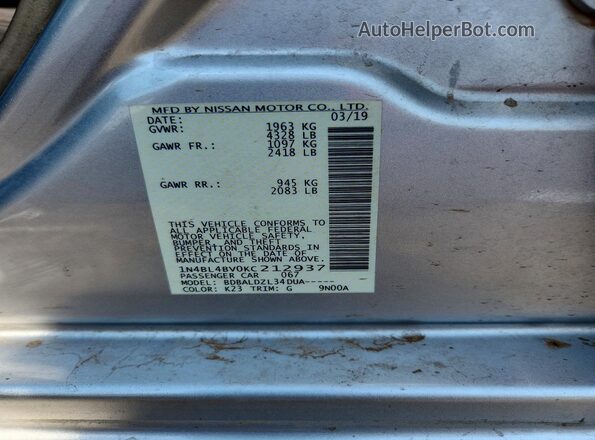 1N4BL4BV0KC212937 2019 NISSAN ALTIMA Silver Շարժիչի բաժամունքի տեսք
