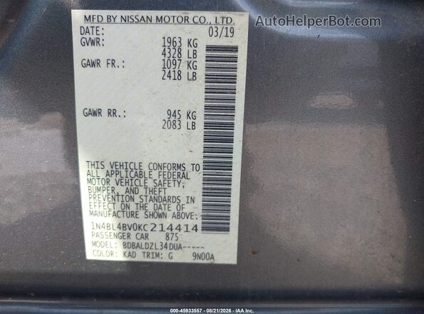 1N4BL4BV0KC214414 2019 NISSAN ALTIMA Серый Вид подкапотного пространства