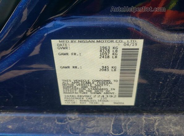 1N4BL4BV0KC224392 2019 NISSAN ALTIMA Blue Vista del compartimento del motor