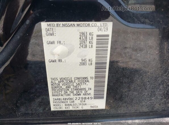 1N4BL4BV0KC229849 2019 NISSAN ALTIMA Black ძრავის განყოფილების ხედი