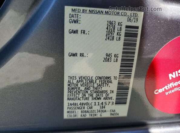 1N4BL4BV0LC114573 2020 NISSAN ALTIMA Gray VIN კოდის სტიკერის ხედი