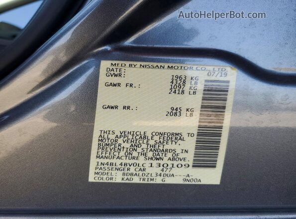 1N4BL4BV0LC130109 2020 NISSAN ALTIMA Gray VIN sticker view