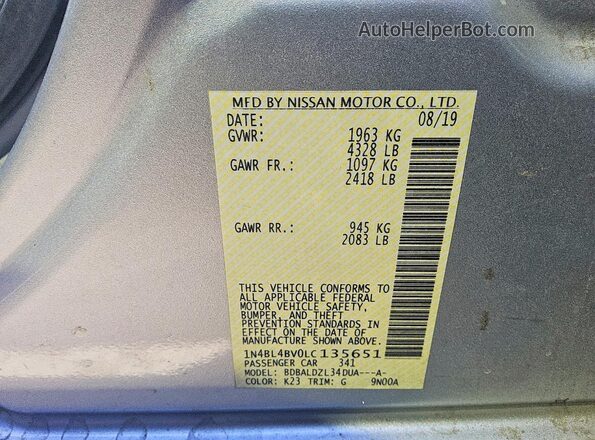 1N4BL4BV0LC135651 2020 NISSAN ALTIMA Silver Вид підкапотного простору