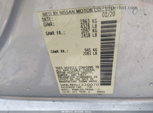 1N4BL4BV0LC220070 2020 NISSAN ALTIMA White ძრავის განყოფილების ხედი