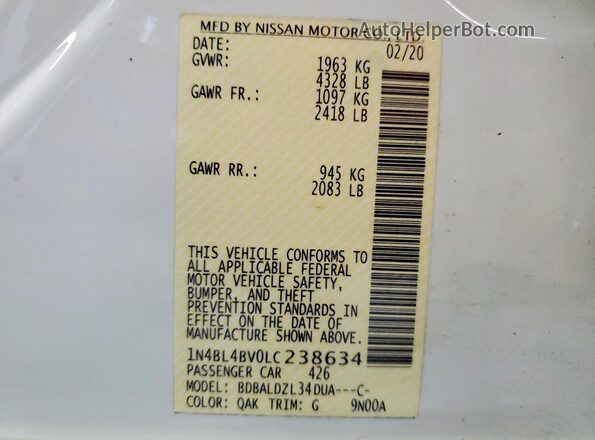 1N4BL4BV0LC238634 2020 NISSAN ALTIMA White Engine compartment view