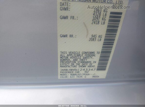 1N4BL4BV0LC243347 2020 NISSAN ALTIMA Silver Engine compartment view