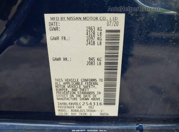 1N4BL4BV0LC254316 2020 NISSAN ALTIMA Blue Widok komory silnika