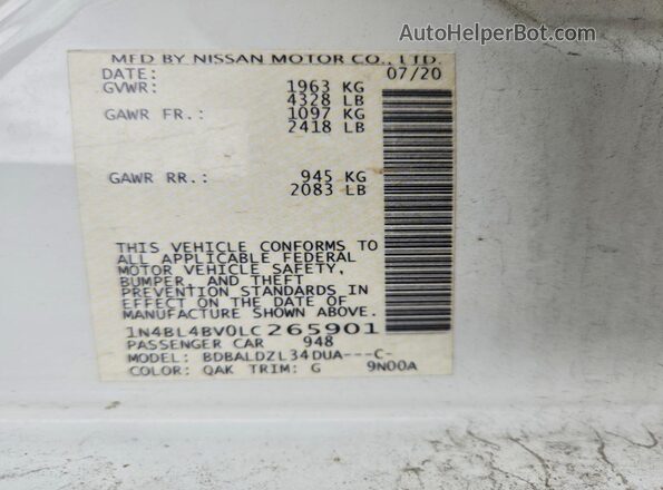 1N4BL4BV0LC265901 2020 NISSAN ALTIMA White Widok komory silnika