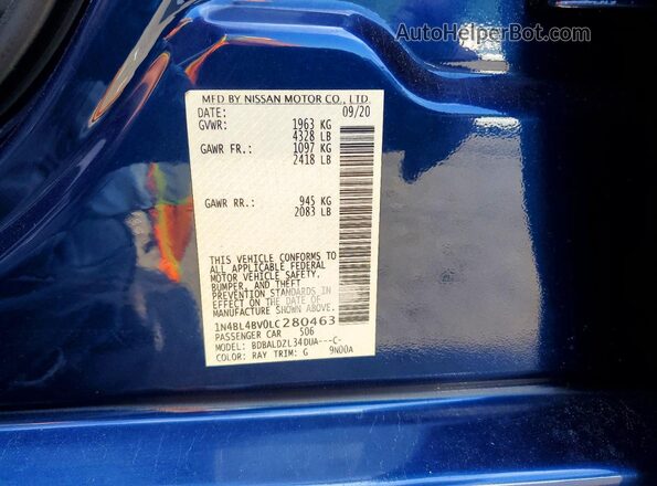 1N4BL4BV0LC280463 2020 NISSAN ALTIMA Blue Engine compartment view