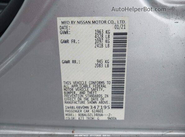 1N4BL4BV0MN347195 2021 NISSAN ALTIMA Silver ძრავის განყოფილების ხედი