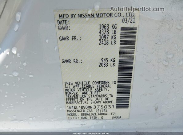 1N4BL4BV0MN375031 2021 NISSAN ALTIMA Белый Вид подкапотного пространства