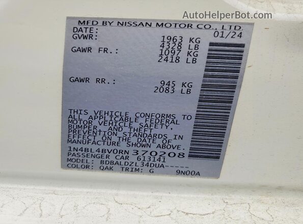 1N4BL4BV0RN370208 2024 NISSAN ALTIMA White VIN კოდის სტიკერის ხედი
