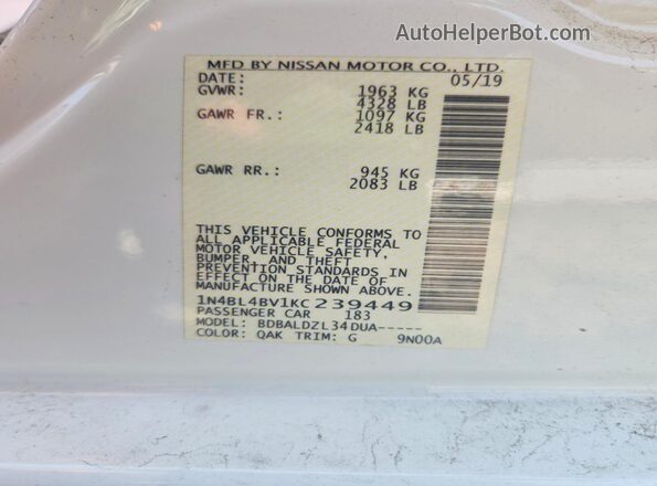 1N4BL4BV1KC239449 2019 NISSAN ALTIMA White VIN კოდის სტიკერის ხედი