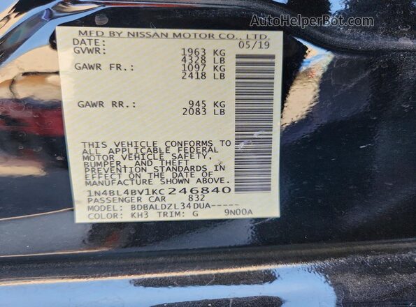 1N4BL4BV1KC246840 2019 NISSAN ALTIMA Black ძრავის განყოფილების ხედი