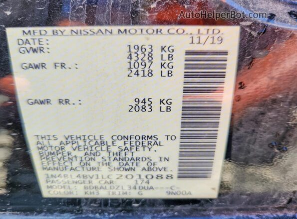 1N4BL4BV1LC201088 2020 NISSAN ALTIMA Black VIN կոդի պիտակի տեսք