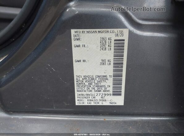 1N4BL4BV1LC272999 2020 NISSAN ALTIMA Gray Widok komory silnika