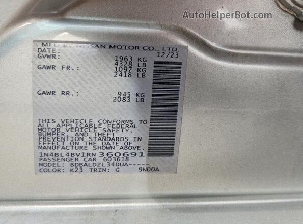 1N4BL4BV1RN360691 2024 NISSAN ALTIMA Silver Vista de la etiqueta del VIN