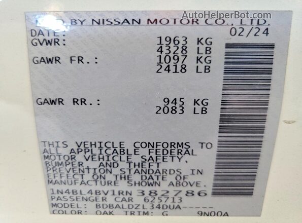 1N4BL4BV1RN382786 2024 NISSAN ALTIMA White Widok komory silnika