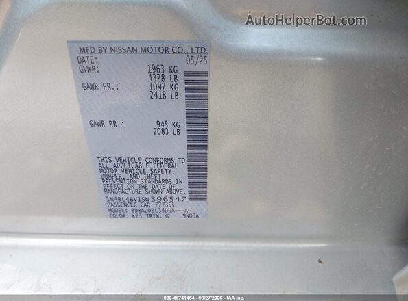 1N4BL4BV1SN396547 2025 NISSAN ALTIMA Silver ძრავის განყოფილების ხედი