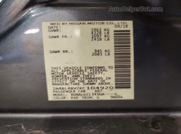 1N4BL4BV2KC104920 2019 NISSAN ALTIMA Gray Вид наклейки з VIN-кодом