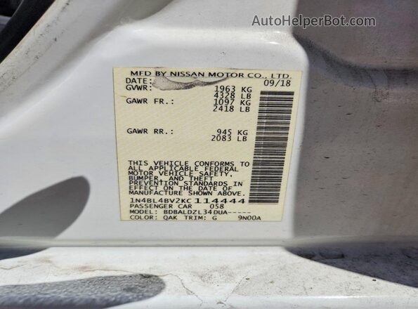 1N4BL4BV2KC114444 2019 NISSAN ALTIMA White Vista de la etiqueta del VIN