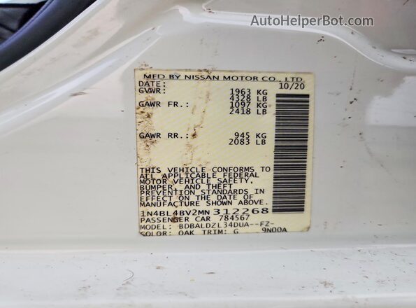 1N4BL4BV2MN312268 2021 NISSAN ALTIMA Белый Вид наклейки с VIN-кодом