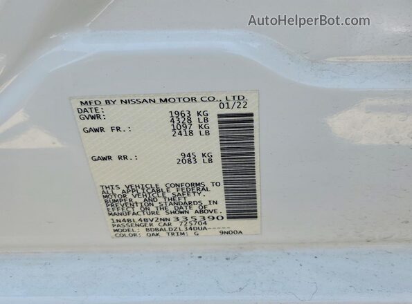1N4BL4BV2NN335390 2022 NISSAN ALTIMA White Vista de la etiqueta del VIN