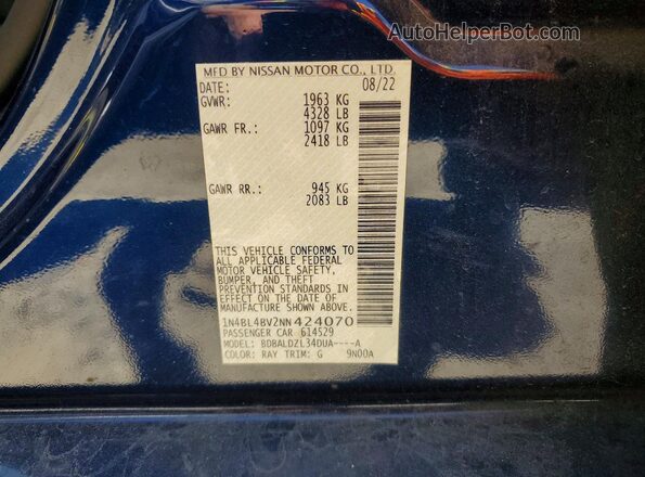 1N4BL4BV2NN424070 2022 NISSAN ALTIMA Blue Շարժիչի բաժամունքի տեսք