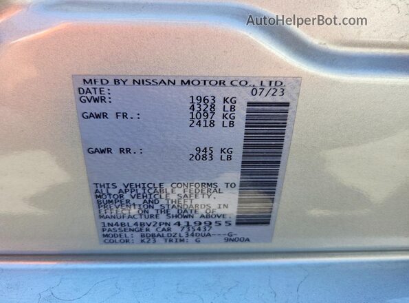 1N4BL4BV2PN419955 2023 NISSAN ALTIMA Silver Vista de la etiqueta del VIN