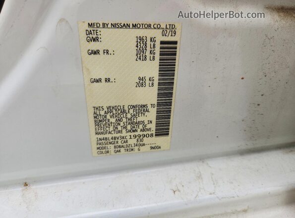 1N4BL4BV3KC199908 2019 NISSAN ALTIMA Белый Вид подкапотного пространства