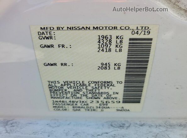 1N4BL4BV3KC235659 2019 NISSAN ALTIMA White Widok komory silnika