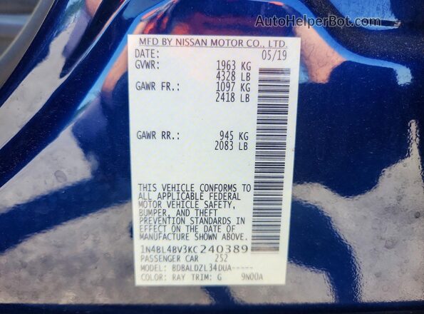 1N4BL4BV3KC240389 2019 NISSAN ALTIMA Blue Vista del compartimento del motor