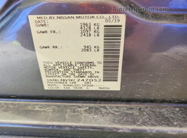 1N4BL4BV3KC247052 2019 NISSAN ALTIMA Gray Vista del compartimento del motor