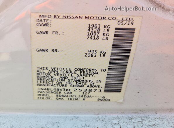 1N4BL4BV3KC253871 2019 NISSAN ALTIMA White Engine compartment view