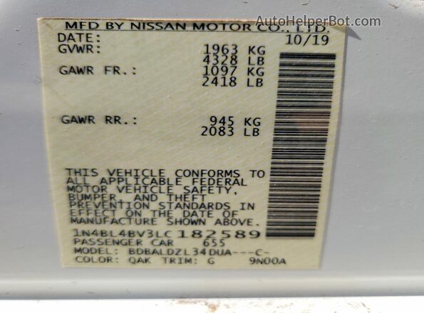 1N4BL4BV3LC182589 2020 NISSAN ALTIMA White Vista de la etiqueta del VIN
