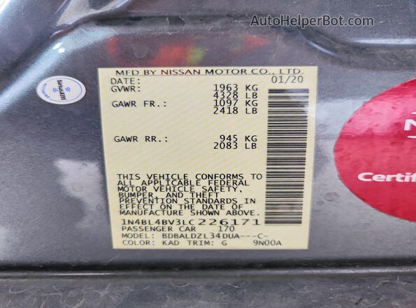 1N4BL4BV3LC226171 2020 NISSAN ALTIMA Gray Vista del compartimento del motor