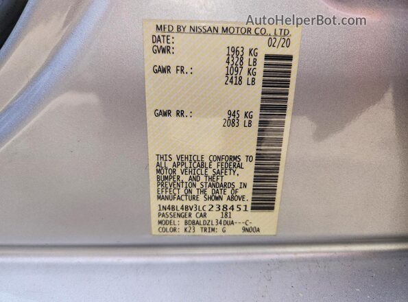 1N4BL4BV3LC238451 2020 NISSAN ALTIMA Silver Engine compartment view