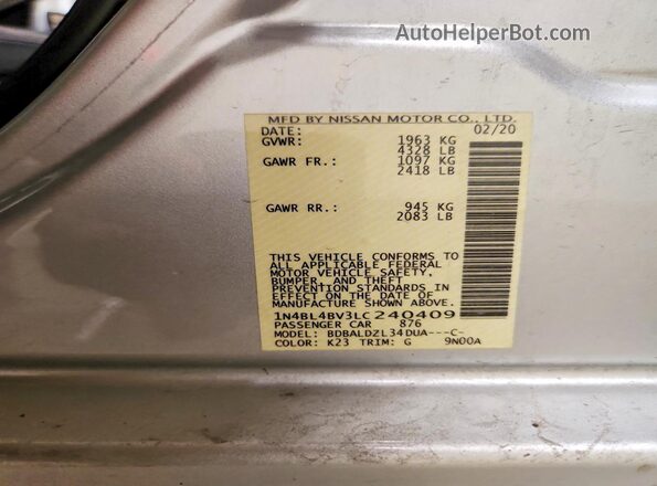 1N4BL4BV3LC240409 2020 NISSAN ALTIMA Silver Widok komory silnika