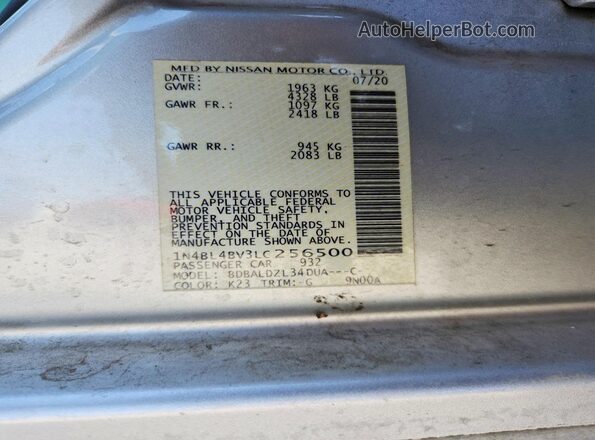 1N4BL4BV3LC256500 2020 NISSAN ALTIMA Silver Vista del compartimento del motor
