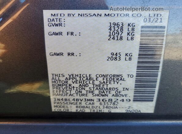 1N4BL4BV3MN368249 2021 NISSAN ALTIMA Gray Вид підкапотного простору