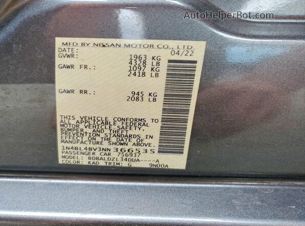 1N4BL4BV3NN366535 2022 NISSAN ALTIMA Gray Widok naklejki z numerem VIN