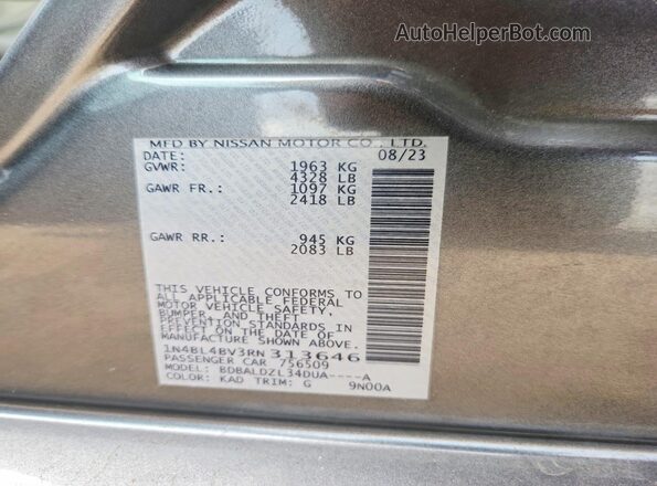 1N4BL4BV3RN313646 2024 NISSAN ALTIMA Gray Widok naklejki z numerem VIN