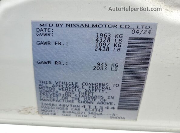 1N4BL4BV3RN411544 2024 NISSAN ALTIMA White ძრავის განყოფილების ხედი