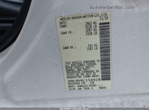 1N4BL4BV4KC154928 2019 NISSAN ALTIMA White ძრავის განყოფილების ხედი