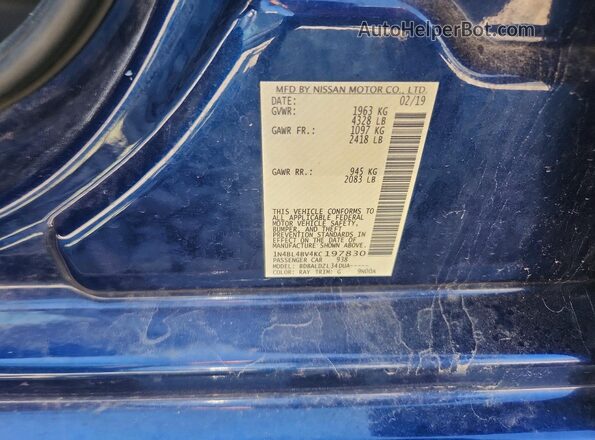 1N4BL4BV4KC197830 2019 NISSAN ALTIMA Blue Widok naklejki z numerem VIN