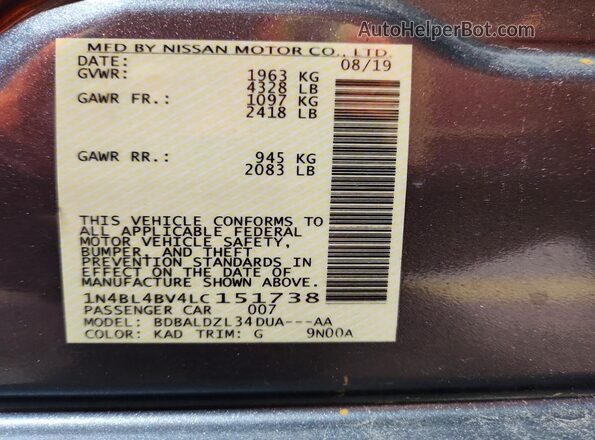 1N4BL4BV4LC151738 2020 NISSAN ALTIMA Gray VIN კოდის სტიკერის ხედი