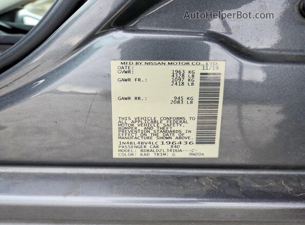 1N4BL4BV4LC196436 2020 NISSAN ALTIMA Угольный Вид подкапотного пространства