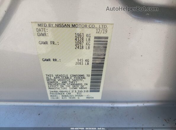 1N4BL4BV4LC213638 2020 NISSAN ALTIMA Silver Vista del compartimento del motor