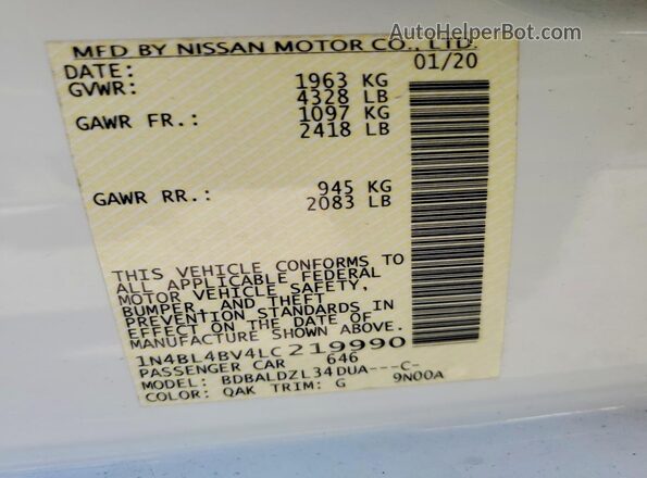 1N4BL4BV4LC219990 2020 NISSAN ALTIMA White Вид підкапотного простору